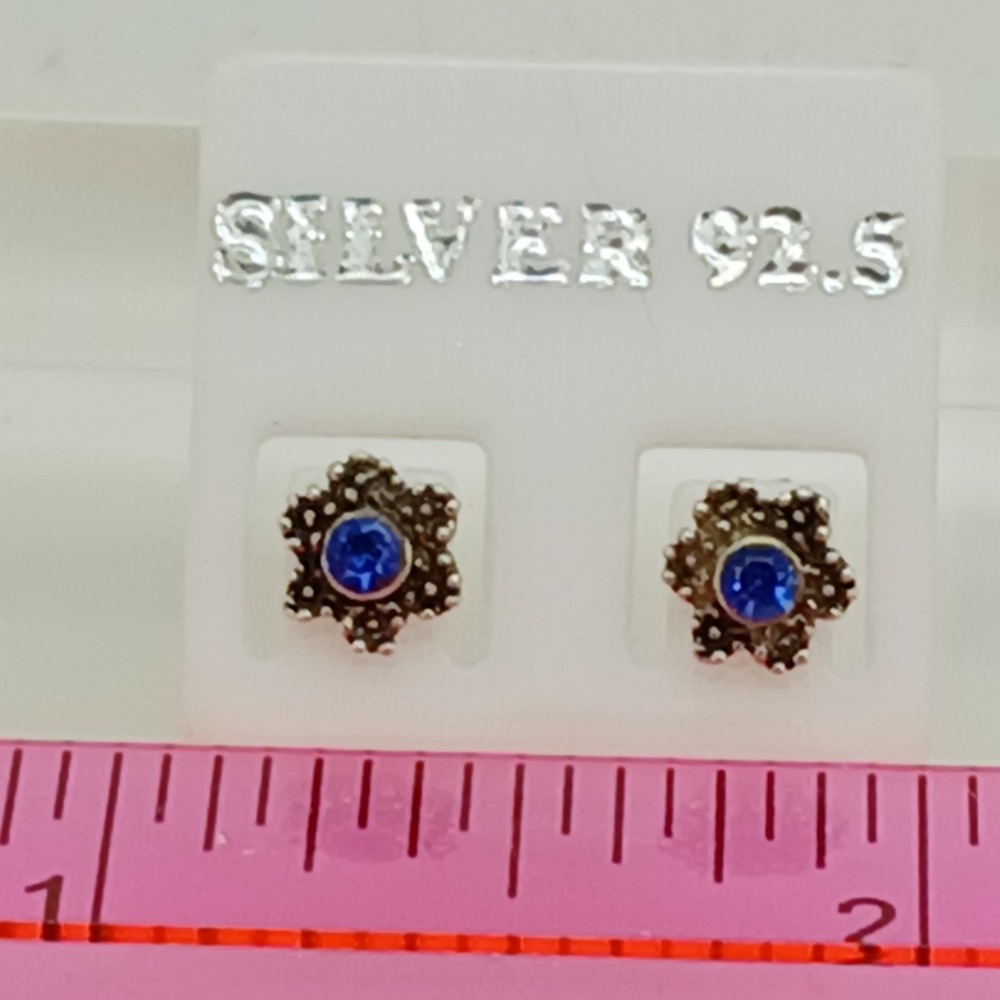 Vintage 925 Sterling Silver Blue Crystal Flower Stud Earrings Floral Jewelry - Picture 11 of 16